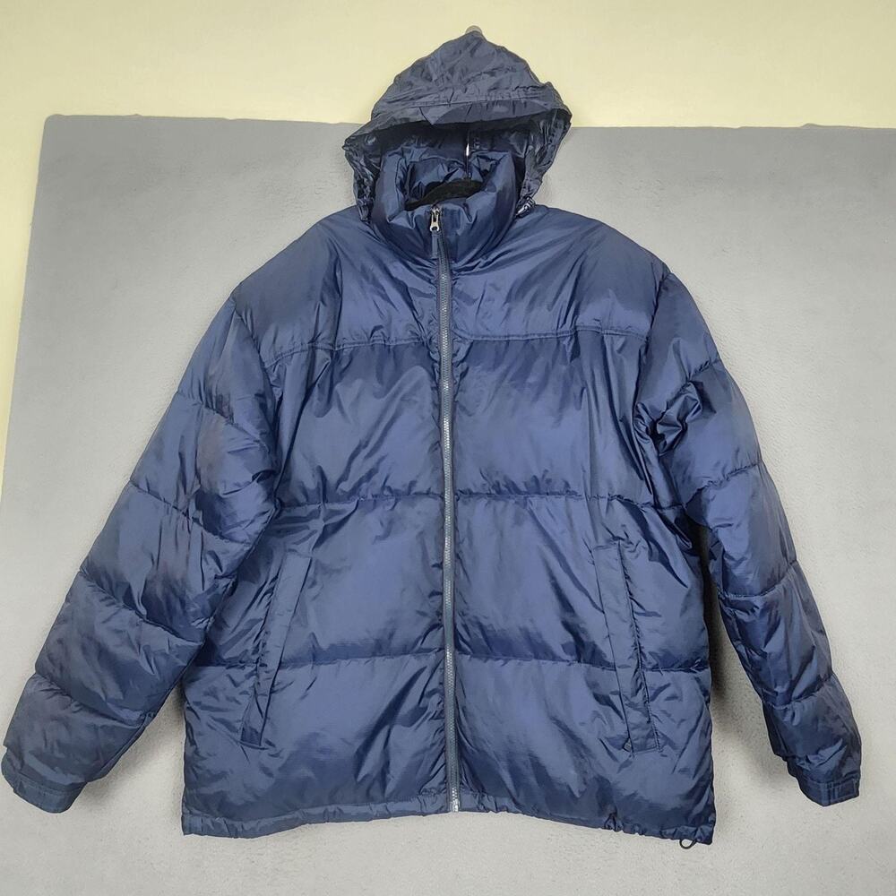 Double Down Jacket Mens 2XL Blue Hooded Puffer Nylon Full Zip Winter Insulated